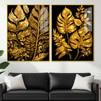 Exquisite Golden Botanical Leaves Acrylic Floating Wall Painting Set of 2