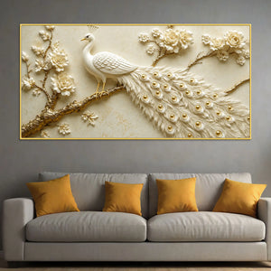 Exquisite White Peacock on Golden Blossom Branch 3D Canvas Wall Painting