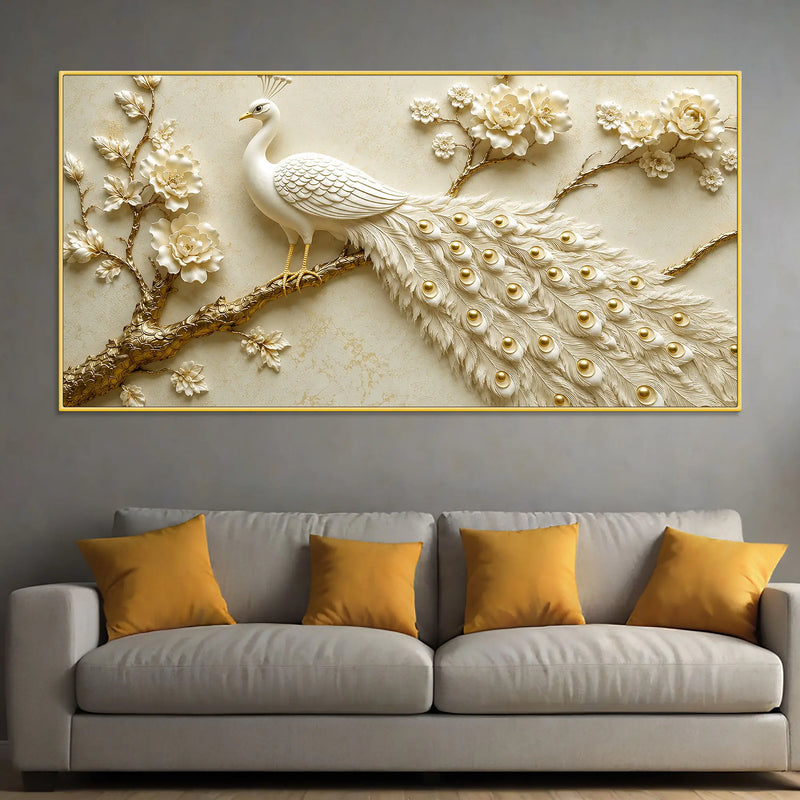 Exquisite White Peacock on Golden Blossom Branch 3D Canvas Wall Painting
