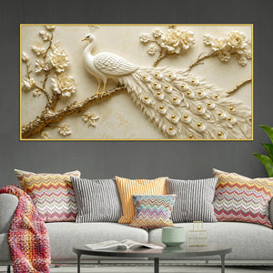 Exquisite White Peacock on Golden Blossom Branch 3D Canvas Wall Painting