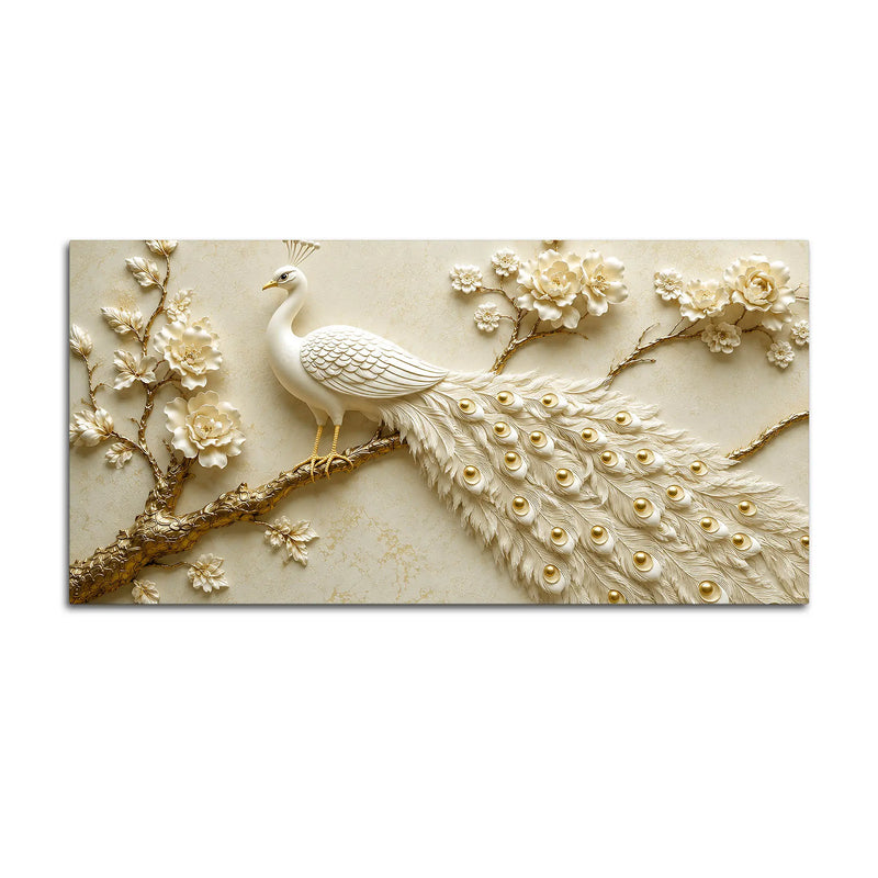 Exquisite White Peacock on Golden Blossom Branch 3D Canvas Wall Painting