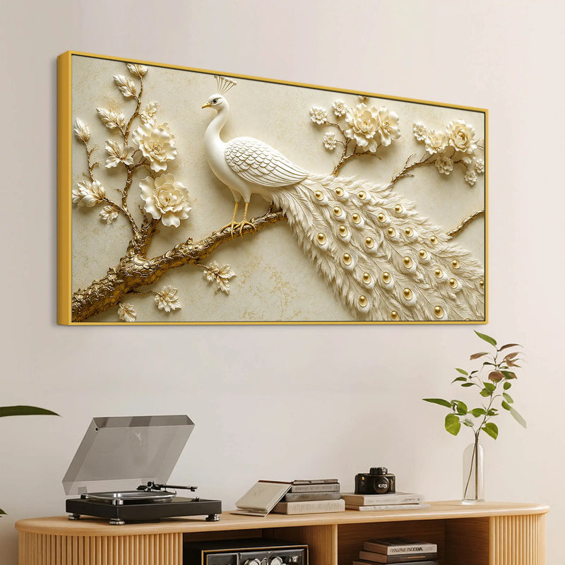 Exquisite White Peacock on Golden Blossom Branch 3D Canvas Wall Painting