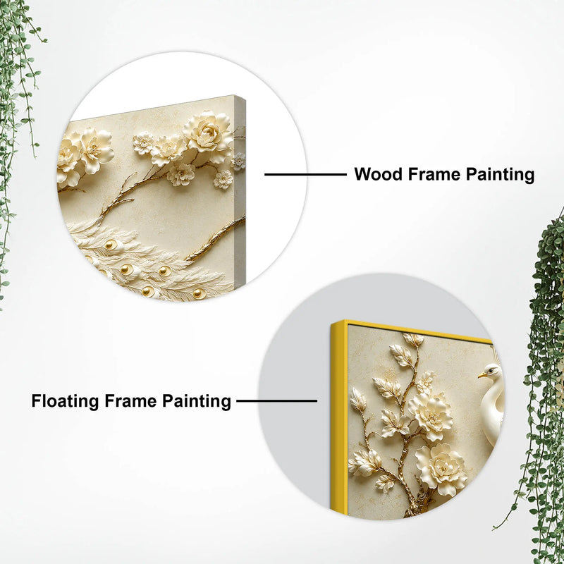 Exquisite White Peacock on Golden Blossom Branch 3D Canvas Wall Painting