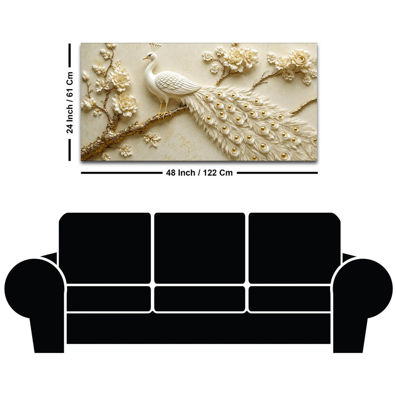 Exquisite White Peacock on Golden Blossom Branch 3D Canvas Wall Painting