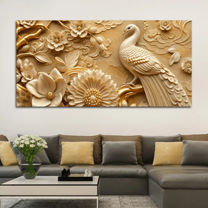 Exquisite White Peacock with Golden Blossoms 3D Canvas Wall Painting