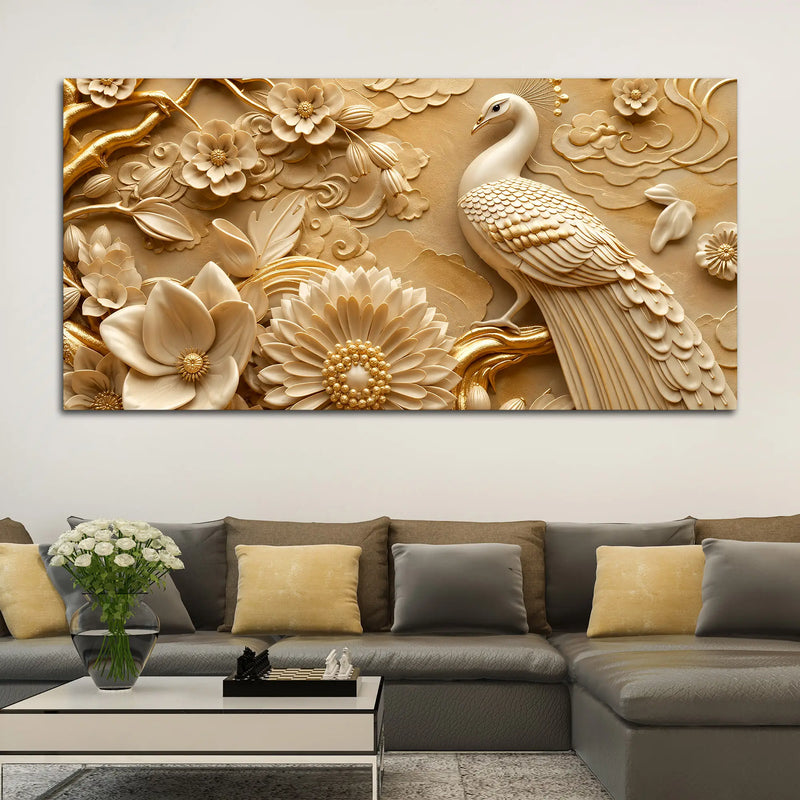 Exquisite White Peacock with Golden Blossoms 3D Canvas Wall Painting
