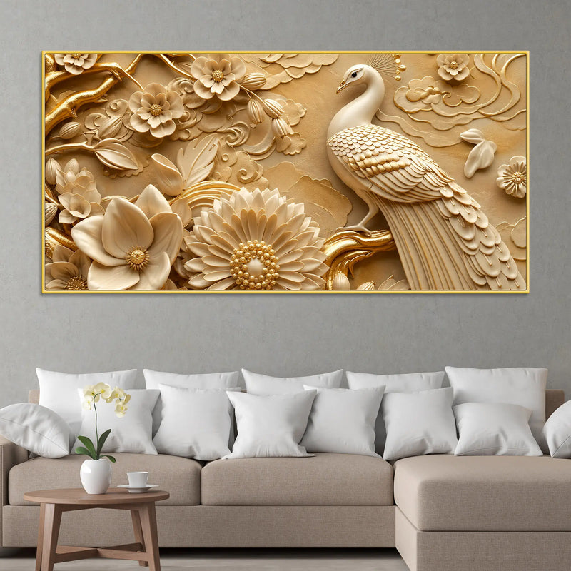 Exquisite White Peacock with Golden Blossoms 3D Canvas Wall Painting