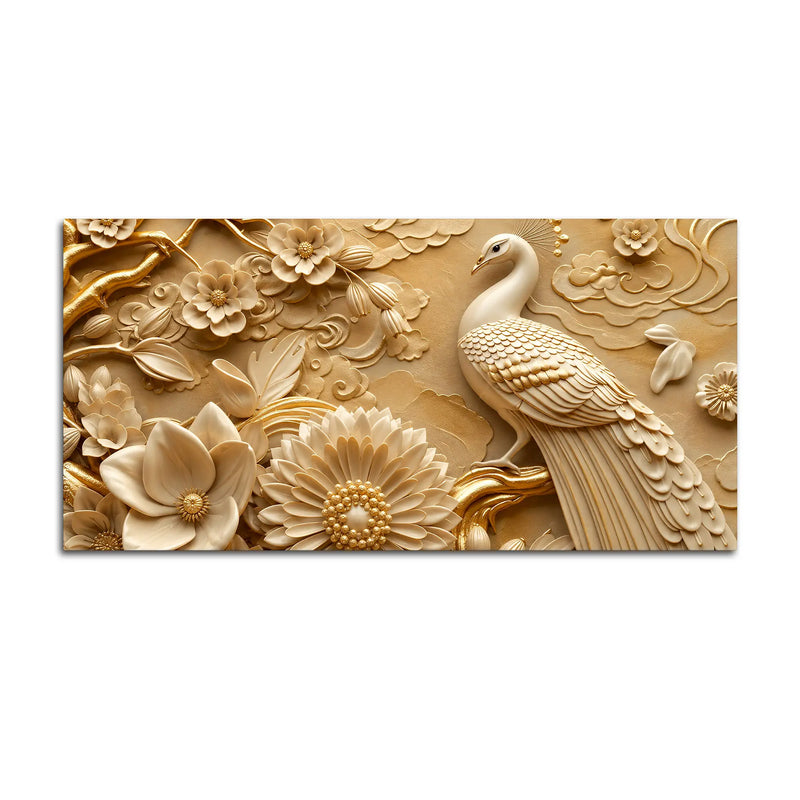 Exquisite White Peacock with Golden Blossoms 3D Canvas Wall Painting