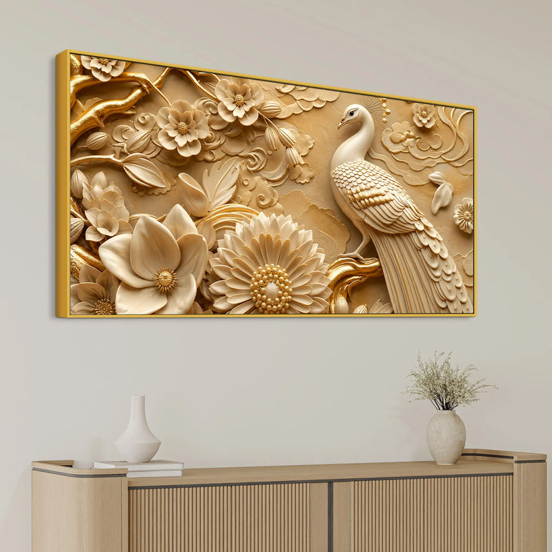 Exquisite White Peacock with Golden Blossoms 3D Canvas Wall Painting