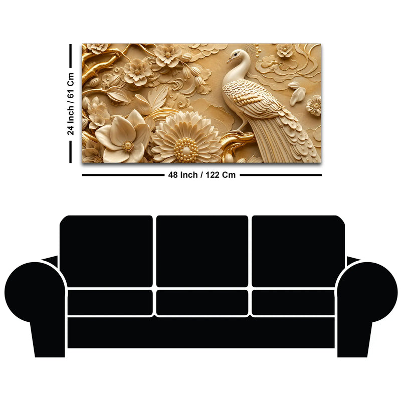 Exquisite White Peacock with Golden Blossoms 3D Canvas Wall Painting