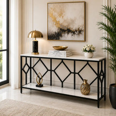 Extra Long White Black Durable Marble 2 Tier Console Table