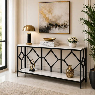 Extra Long White Black Durable Marble 2 Tier Console Table