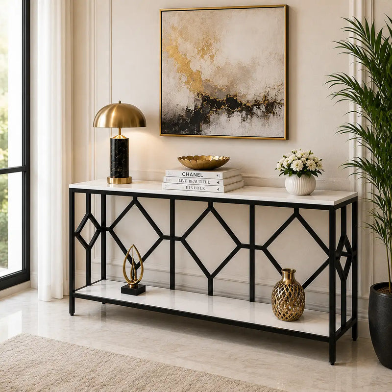 Extra Long White Black Durable Marble 2 Tier Console Table