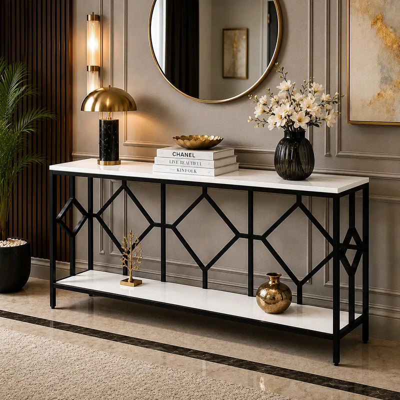 Extra Long White Black Durable Marble 2 Tier Console Table