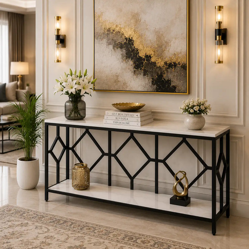 Extra Long White Black Durable Marble 2 Tier Console Table