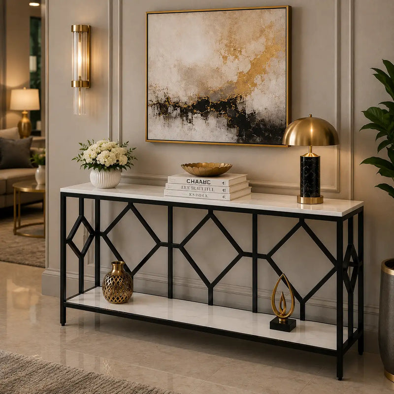 Extra Long White Black Durable Marble 2 Tier Console Table
