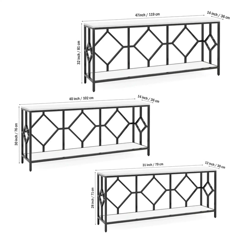 Extra Long White Black Durable Marble 2 Tier Console Table