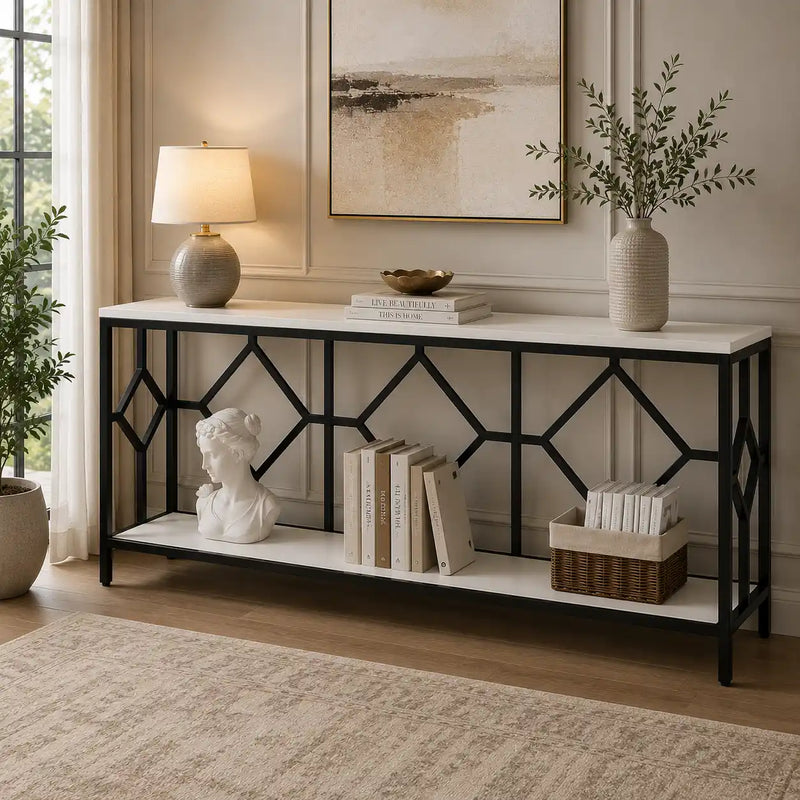 Extra Long White Black Durable Marble 2 Tier Console Table