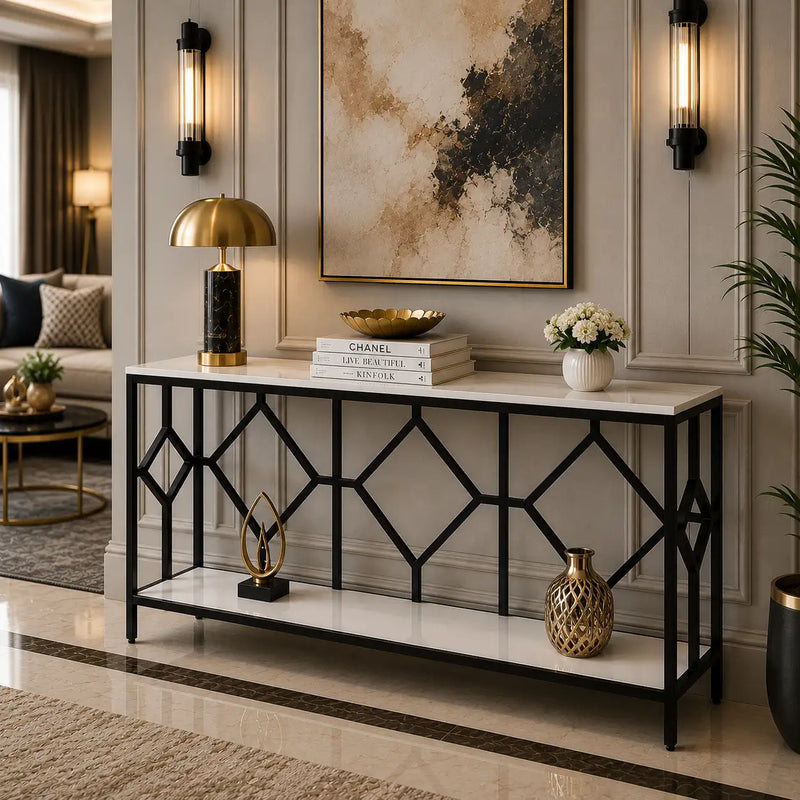 Extra Long White Black Durable Marble 2 Tier Console Table