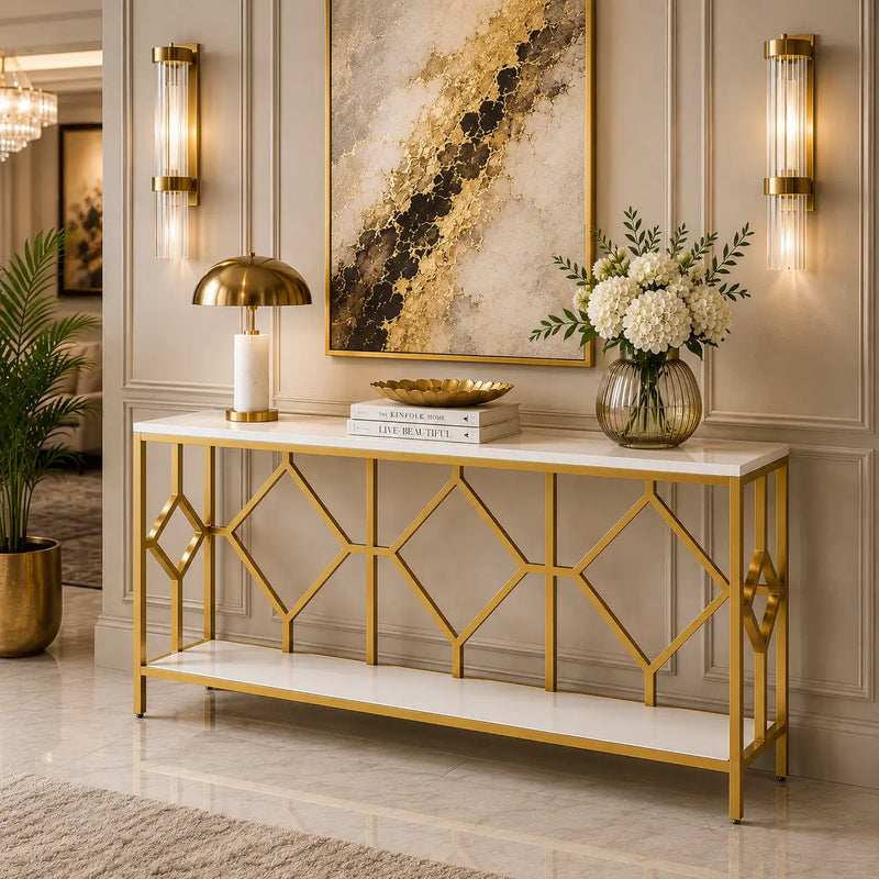 Extra Long White Gold Durable Marble 2 Tier Console Table