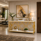 Extra Long White Gold Durable Marble 2 Tier Console Table