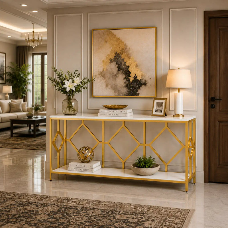 Extra Long White Gold Durable Marble 2 Tier Console Table