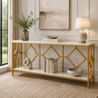 Extra Long White Gold Durable Marble 2 Tier Console Table