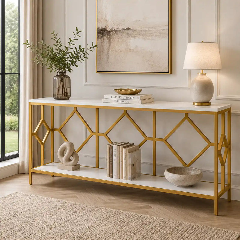 Extra Long White Gold Durable Marble 2 Tier Console Table