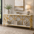Extra Long White Gold Durable Marble 2 Tier Console Table