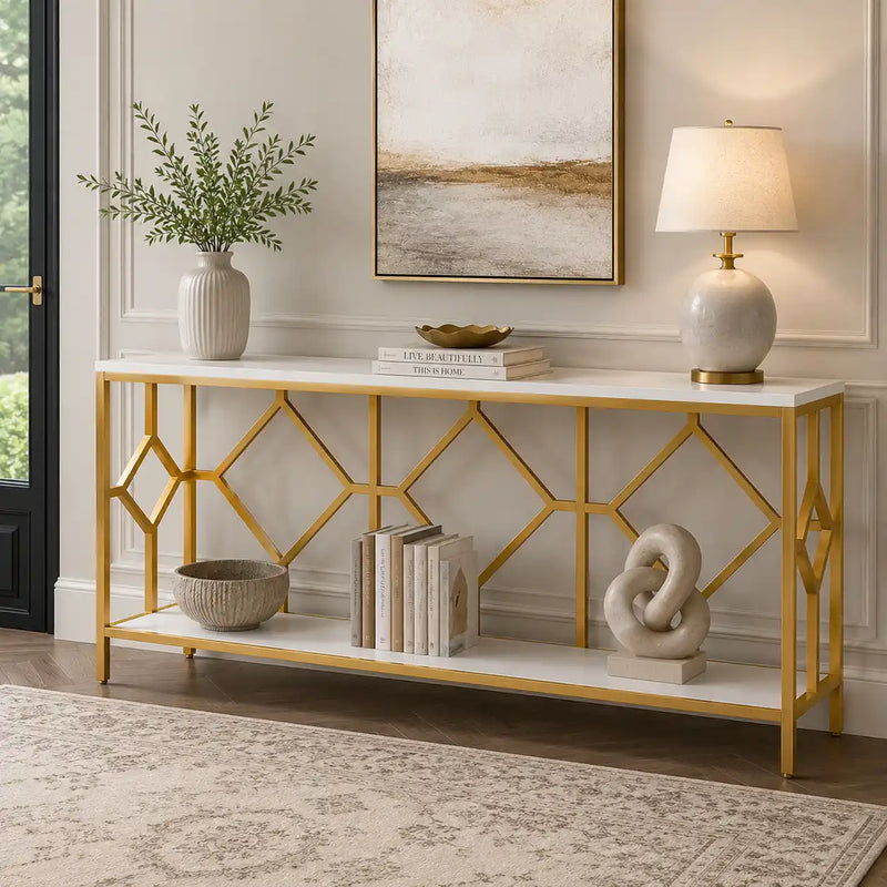 Extra Long White Gold Durable Marble 2 Tier Console Table