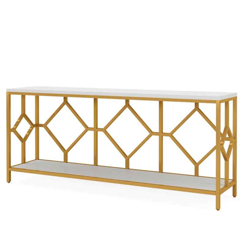 Extra Long White Gold Durable Marble 2 Tier Console Table