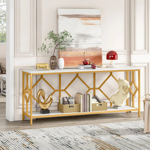 Extra Long White Gold Durable Marble 2 Tier Console Table