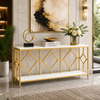 Extra Long White Gold Durable Marble 2 Tier Console Table