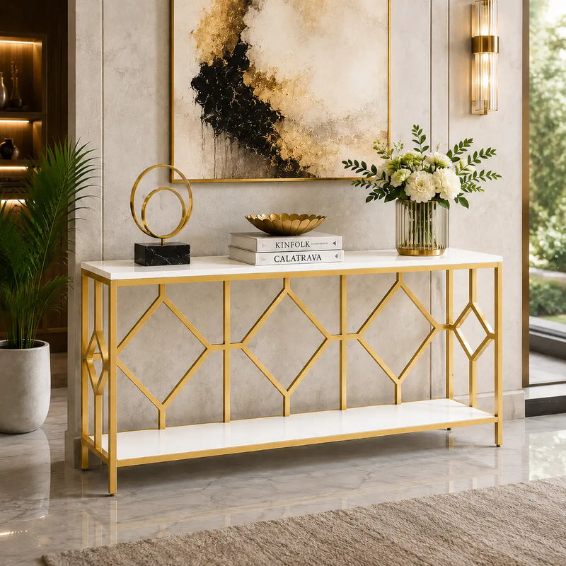 Extra Long White Gold Durable Marble 2 Tier Console Table