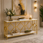 Extra Long White Gold Durable Marble 2 Tier Console Table