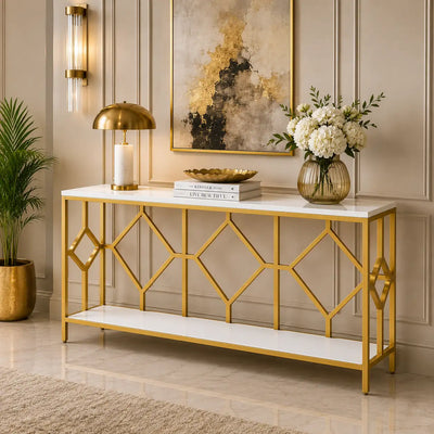 Extra Long White Gold Durable Marble 2 Tier Console Table