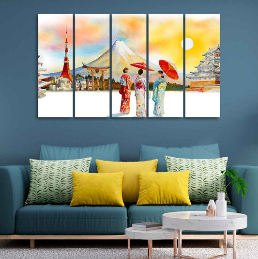 Famous Places of Japan Canvas Wall Painting of Five Pieces