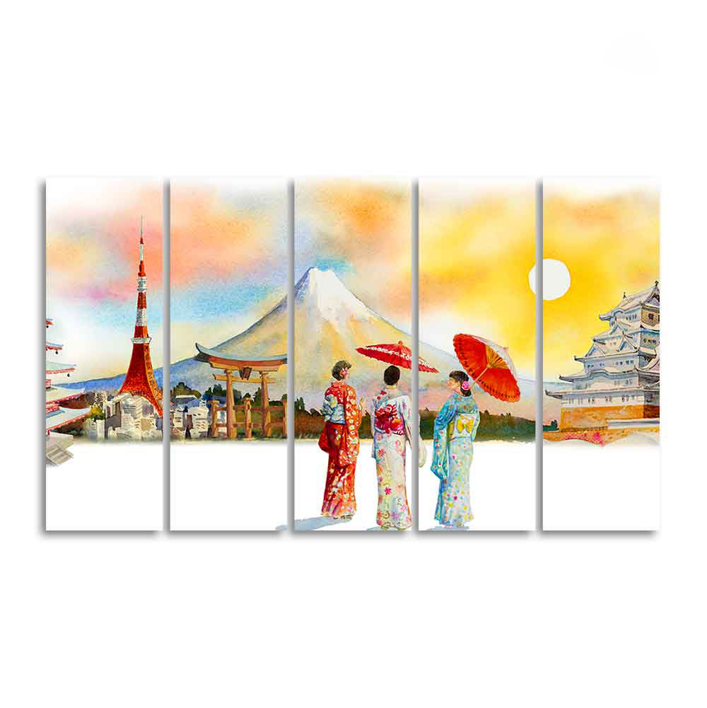 Famous Places of Japan Canvas Wall Painting of Five Pieces