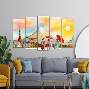 Famous Places of Japan Canvas Wall Painting Set of Five