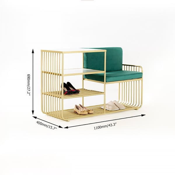 Faux Marble Green Velvet Modern Bench with Shoe Rack