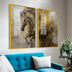 Fearless Golden Majesty Horse Acrylic Floating Wall Painting Set of 2