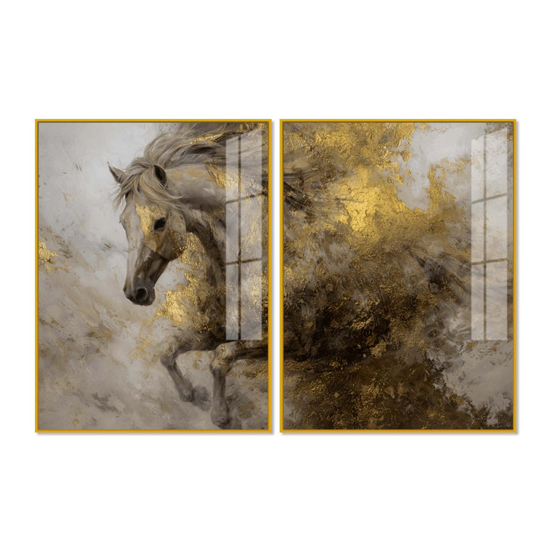 Fearless Golden Majesty Horse Acrylic Floating Wall Painting Set of 2