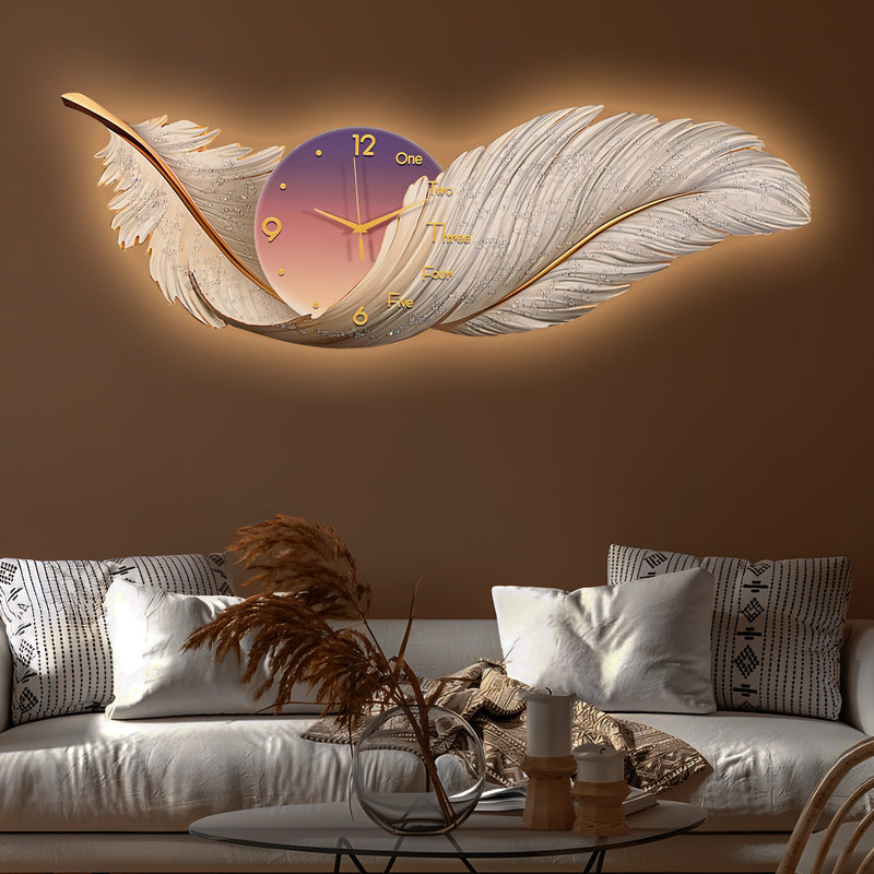 Feathered Elegance Crystal Glass Backlit LED Wall Art with Clock