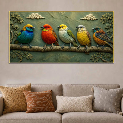 Five Adorable Colorful Birds on Branch 3D Bas-Relief Type Canvas Wall Painting