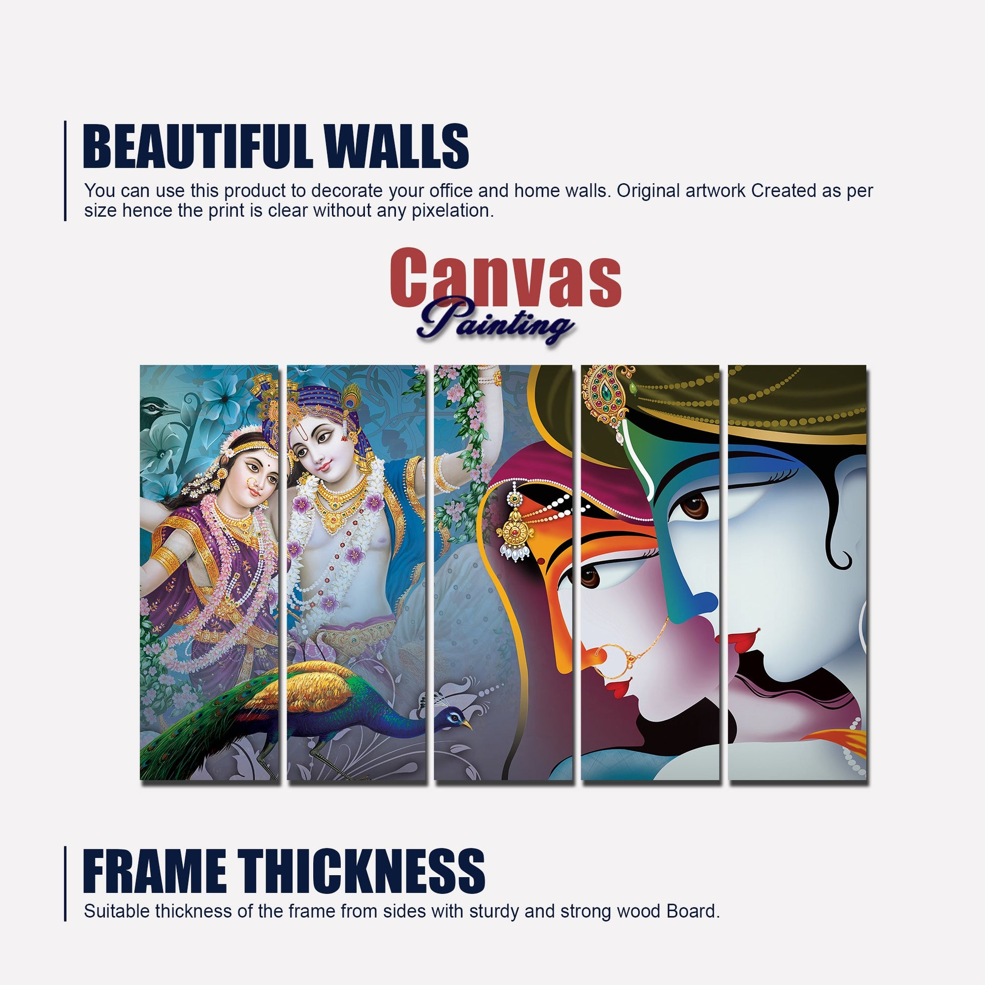 5 Pieces Canvas Lord Radha Krishna Wall Painting