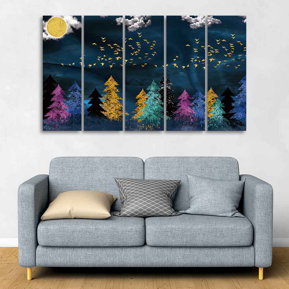 Five Pieces Wall Painting of Golden Birds Flying over The Dark Forest