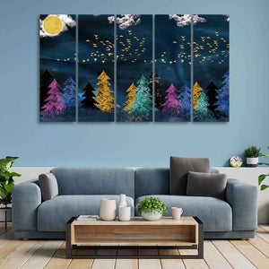 Five Pieces Wall Painting of Golden Birds Flying over The Dark Forest