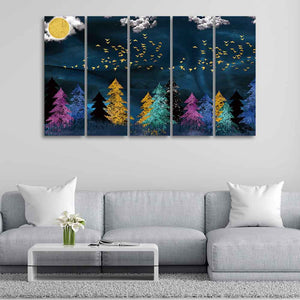 Five Pieces Wall Painting of Golden Birds Flying over The Dark Forest