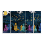 Five Pieces Wall Painting of Golden Birds Flying over The Dark Forest
