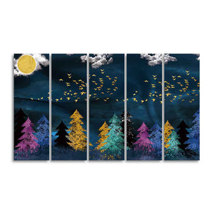 Five Pieces Wall Painting of Golden Birds Flying over The Dark Forest